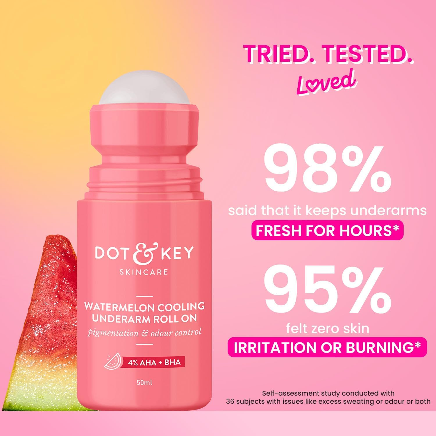 Dot & Key Watermelon Cooling Underarm Roll on | Odour & Sweat Controls | 4% AHA + BHA | Fresh Aqua Fragrance | Gently Exfoliates & Smooths Skin | for Men & Women | 50Ml image number 4