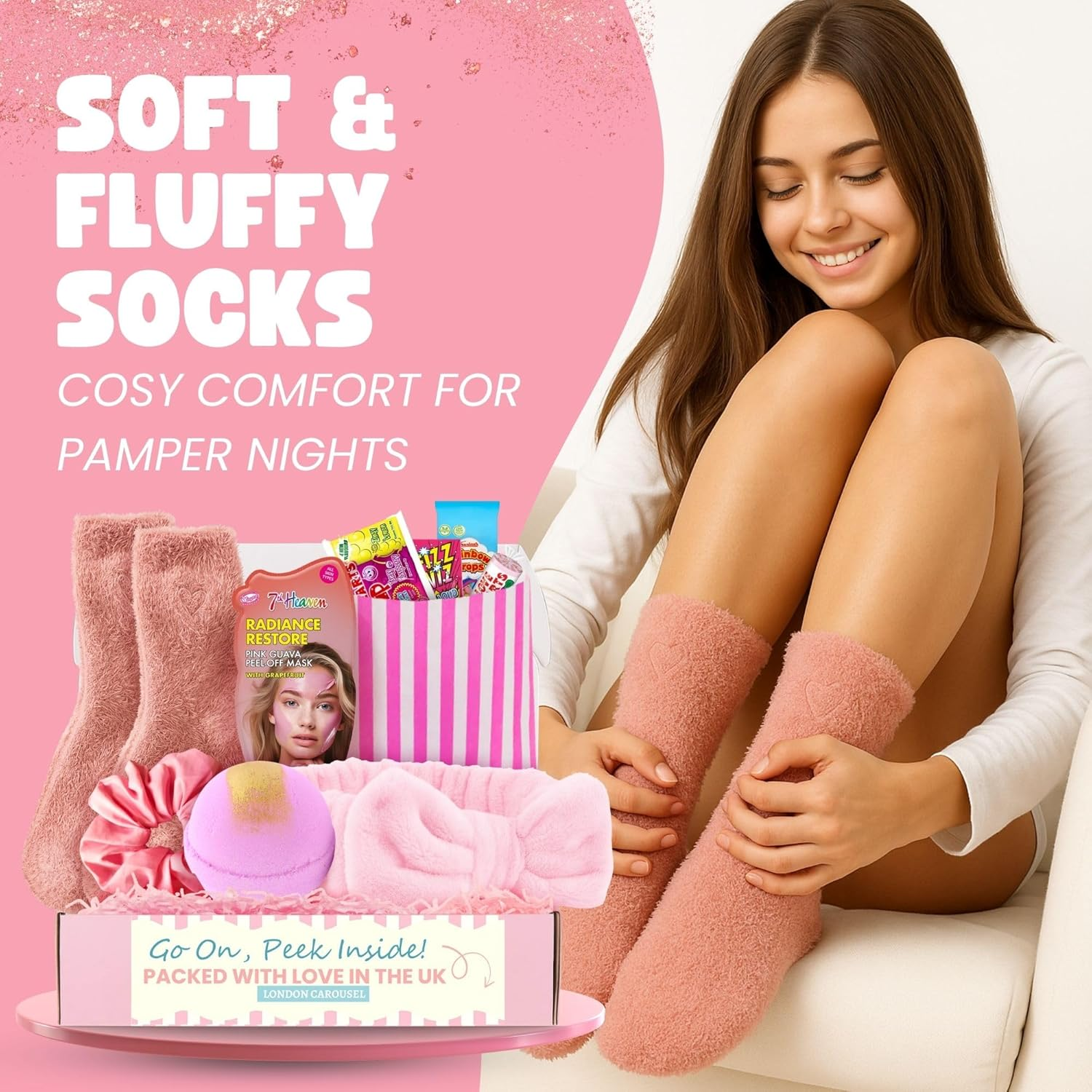 Pamper Gifts for Teens - Girls Pamper Set Includes Soft Spa Headband, Bath Bomb, Cozy Socks, Peel-Off Girls Face Mask, Girls Hair Scrunchie and a Bag of Sweet Treats image number 1