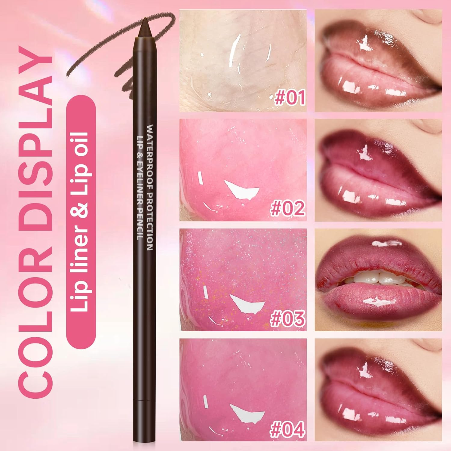 Noerrors 4 Colours Lip Oil and Lip Liner Set Long Lasting Lip Care Oil Large Brush Head Moisturising Clear Pink Glitter Transparent Lip Gloss Combination Makeup image number 3