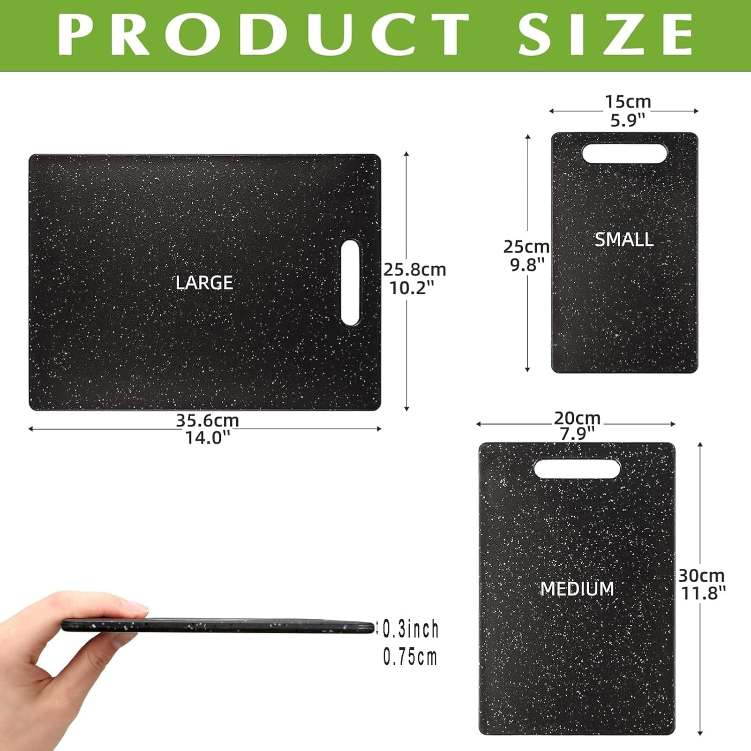 3-Piece Chef Chopping Board Set,Cutting Board Set for Kitchen,Easy Grip Handle Dishwasher Safe Cutting Boards for Food Fruits Vegetables Home,Bpa-Free Plastic,Black