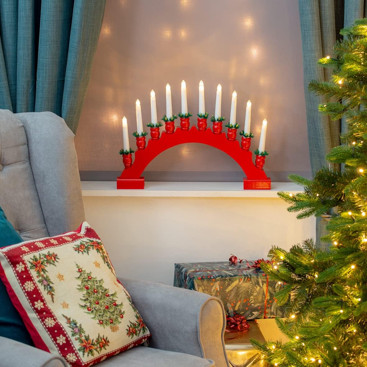 The Christmas Workshop 71169 Red Arched Wooden Candle Bridge with Candle Holders / 10 Warm White Leds/Indoor Christmas Decoration / 48Cm X 34.5Cm X 5Cm / Battery Powered image number 2