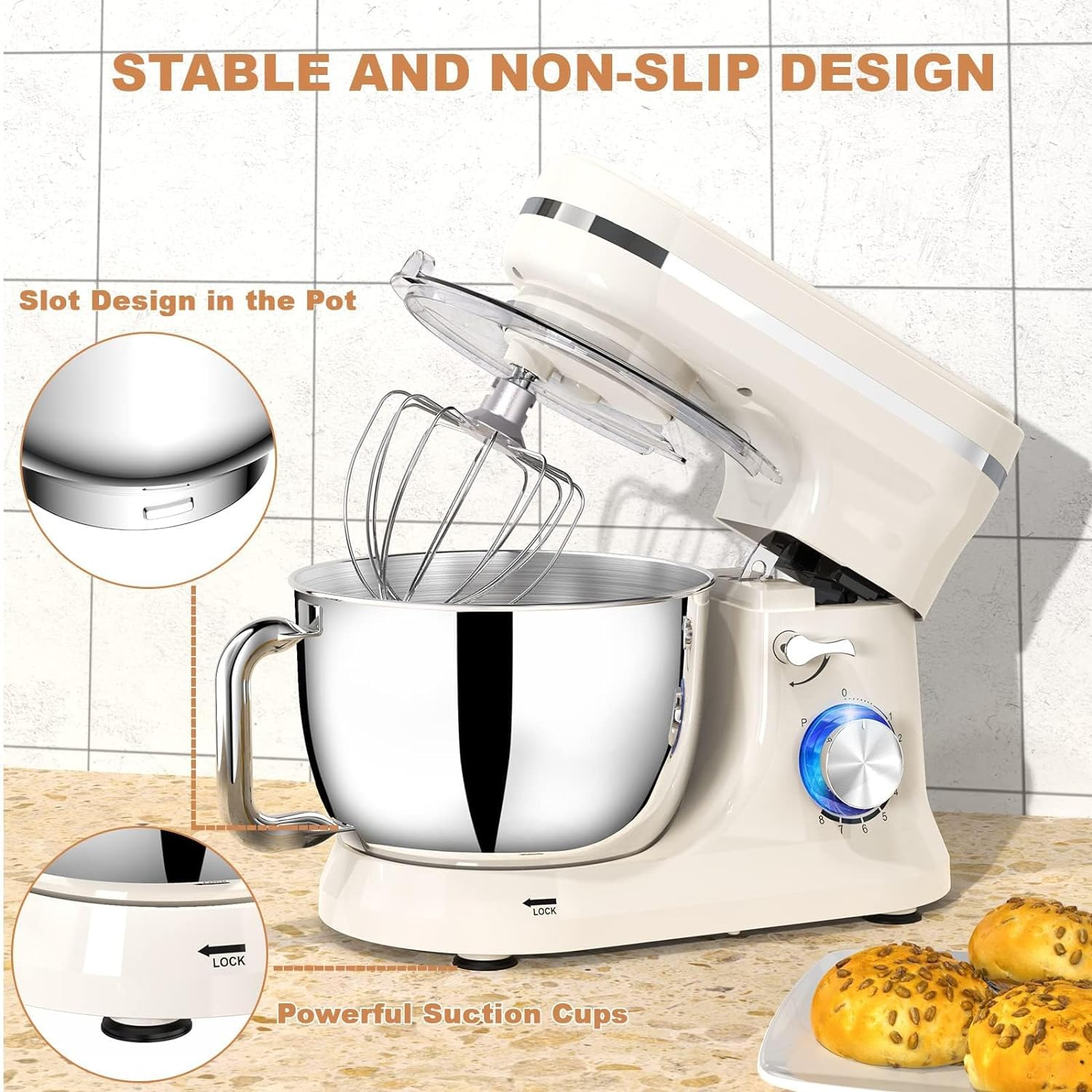 WOOYOOTE Stand Mixer Dough Blender, 5 QT 1000W Food Mixer Electric Cake Mixer with Bowl, Beater, Hook, Whisk, Egg Separator & Silicone Spatula, Dishwasher Safe image number 3