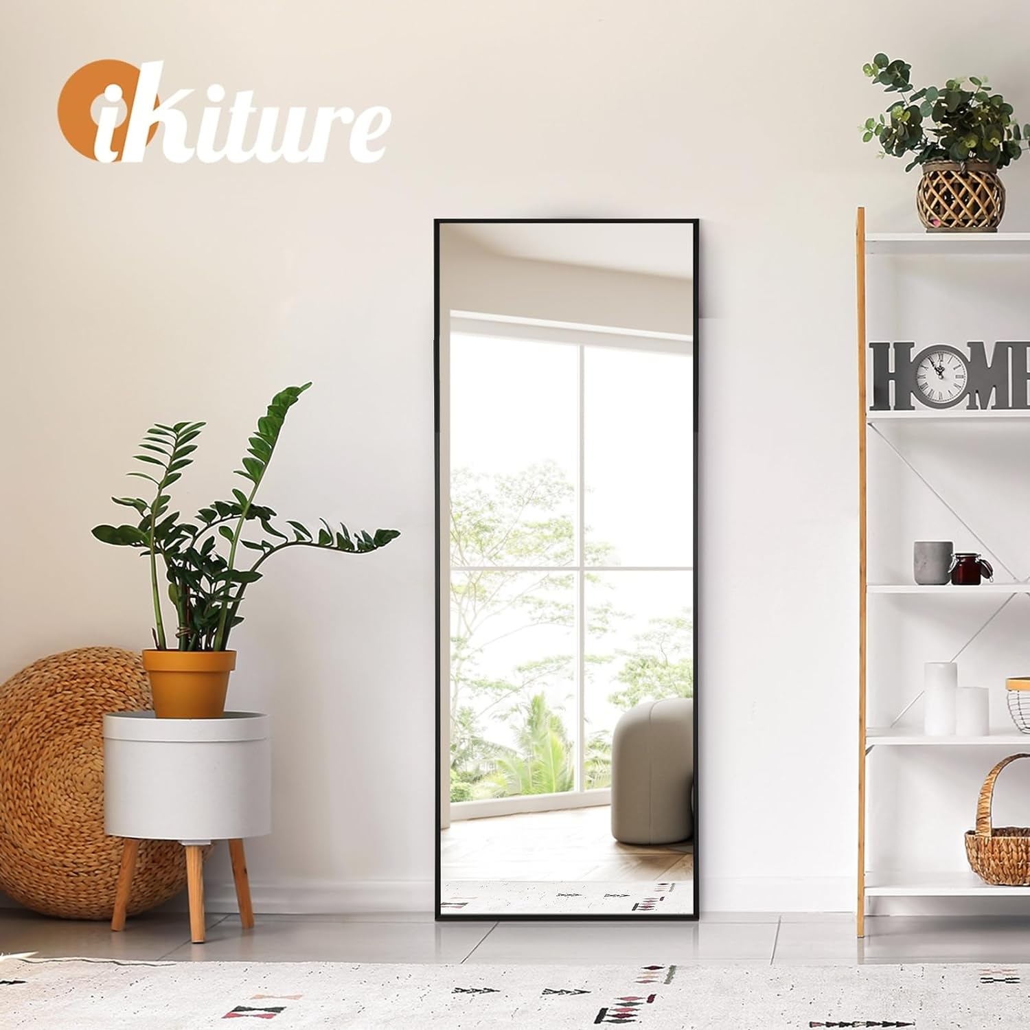 Oikiture 166 X 60Cm Full Length Mirror with Aluminium Frame and Non-Slip Edge Rectangle Floor Standing Mirror for Home Living Room Black image number 4