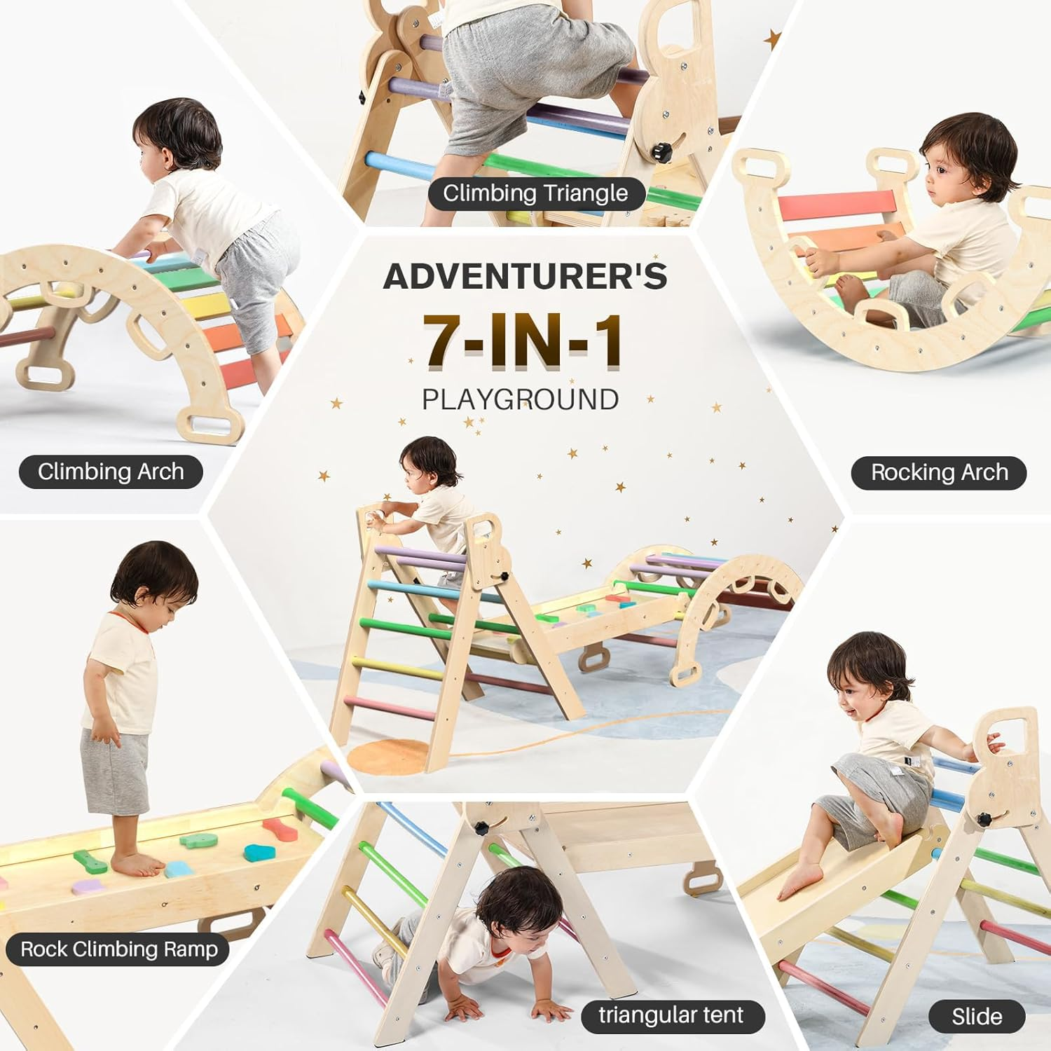 Omebel Pikler Triangle Set, 7 in 1 Foldable Toddler Climbing Toys Wooden Montessori Climbing Set, Baby Climber Indoor Jungle Gyms for Toddlers Montessori Toys image number 1