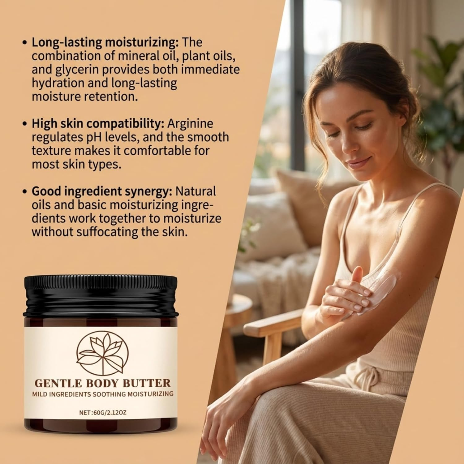 Gentle Body Butter for Dry Skin, Deep Moisturizing Body Cream with Mild Ingredients, Soothing Body Moisturizer for Sensitive Skin, Nourishing Skin Softening Body Butter for Daily Care, 60G (4Pcs) - 1Pcs image number 3