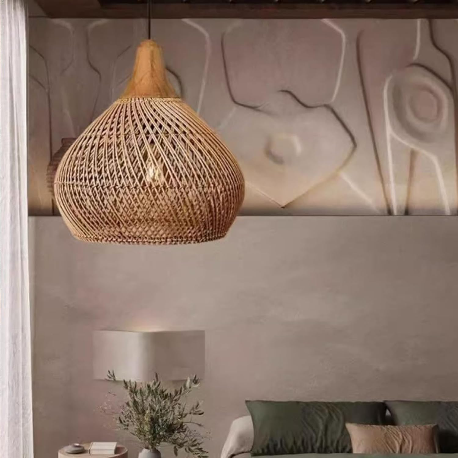 Rattan Pendant Light, Handmade Wicker & Bamboo Lampshade,Adjustable Cord,Boho Rustic Chandelier for Kitchen Island, Dining Room & Living Room &ndash; Natural Woven Design Creates Warm (40Cm,Light Brown)