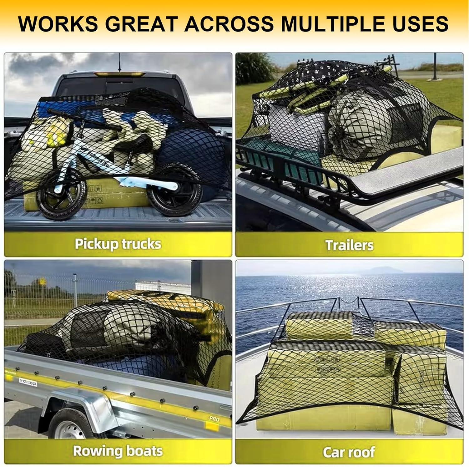 Heavy Duty Truck Bed Cargo Net 4'X4' Expandable to 8'X8', Elastic Bungee Net for Ute, Pickup & SUV, Durable Storage Net for Trailer & Car Boot, Easy Fit for Work, Travel & Outdoor Use image number 2