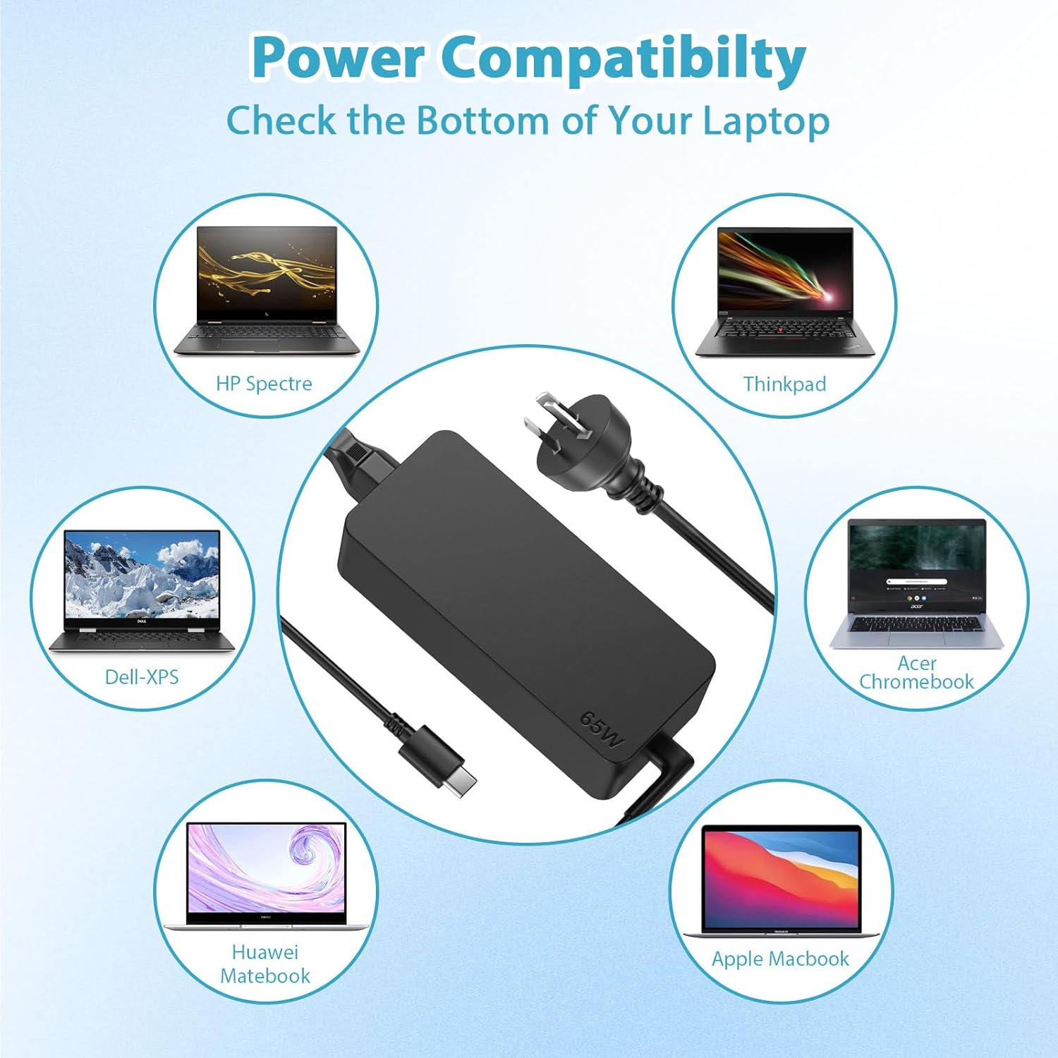 USB C Laptop Charger 65W Fast Type C Chromebook Charger Compatible with Lenovo, HP, Samsung, Acer, Asus, Google, Universal USB Type-C Laptop Chargers Also Works with 45W Devices image number 4