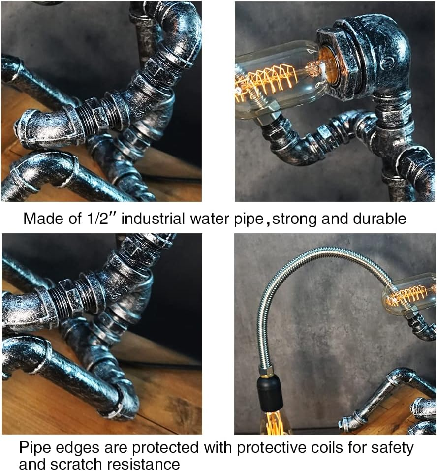 HAMOQI Steampunk Table Lamp Water Pipe Robot Vintage Industrial Style Desktop Cool Table Lamp for Bedside Cafe Bar Night Light Desk Decorations Birthday New Year Gifts image number 3