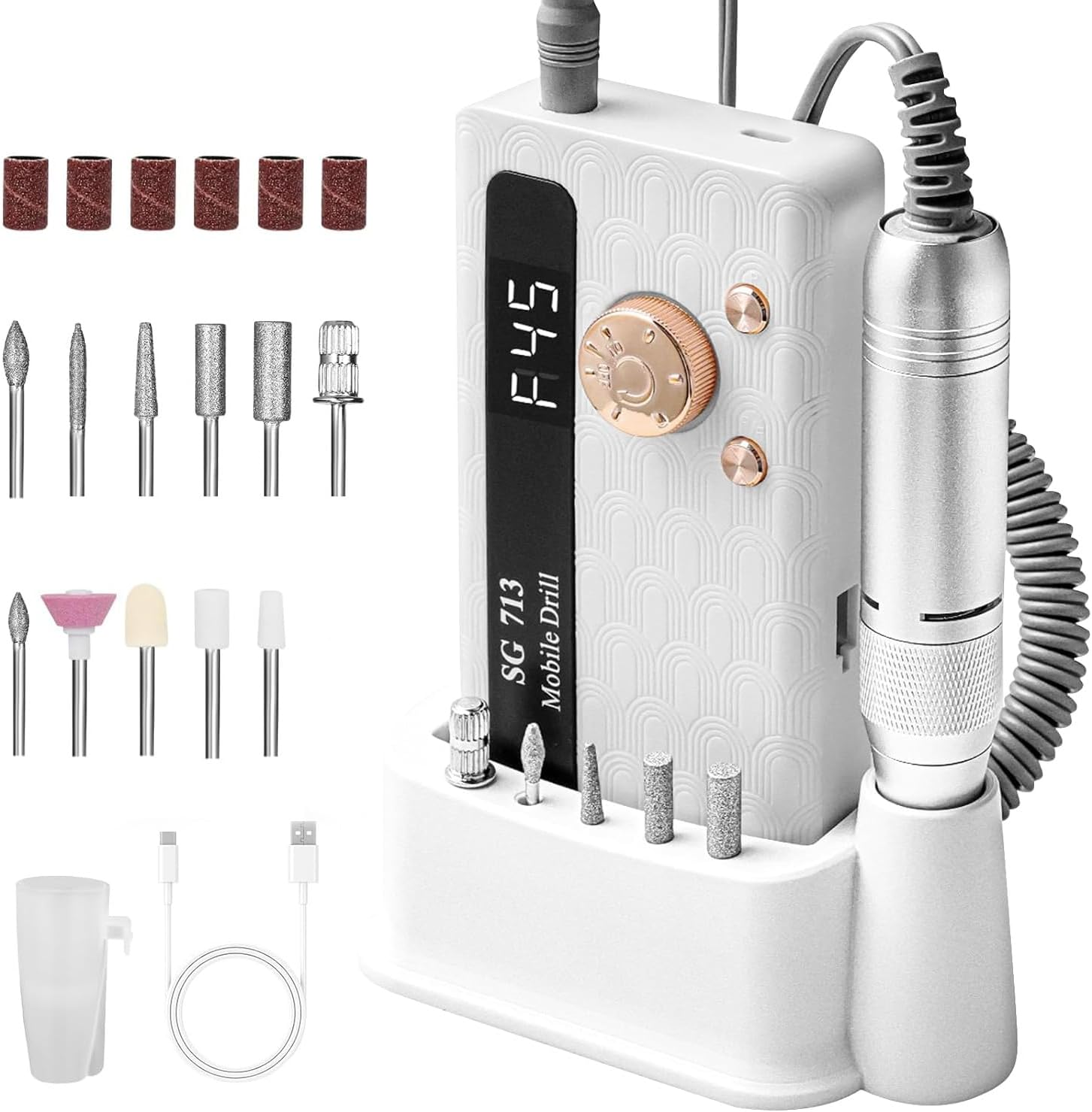 Yisis Professional Electric Nail File Kit - 45000RPM Rechargeable Nail Drill with 11 Bits, LED Screen, Ultra-Silent & Portable Design for Acrylics, Gel, Manicure (Pink)