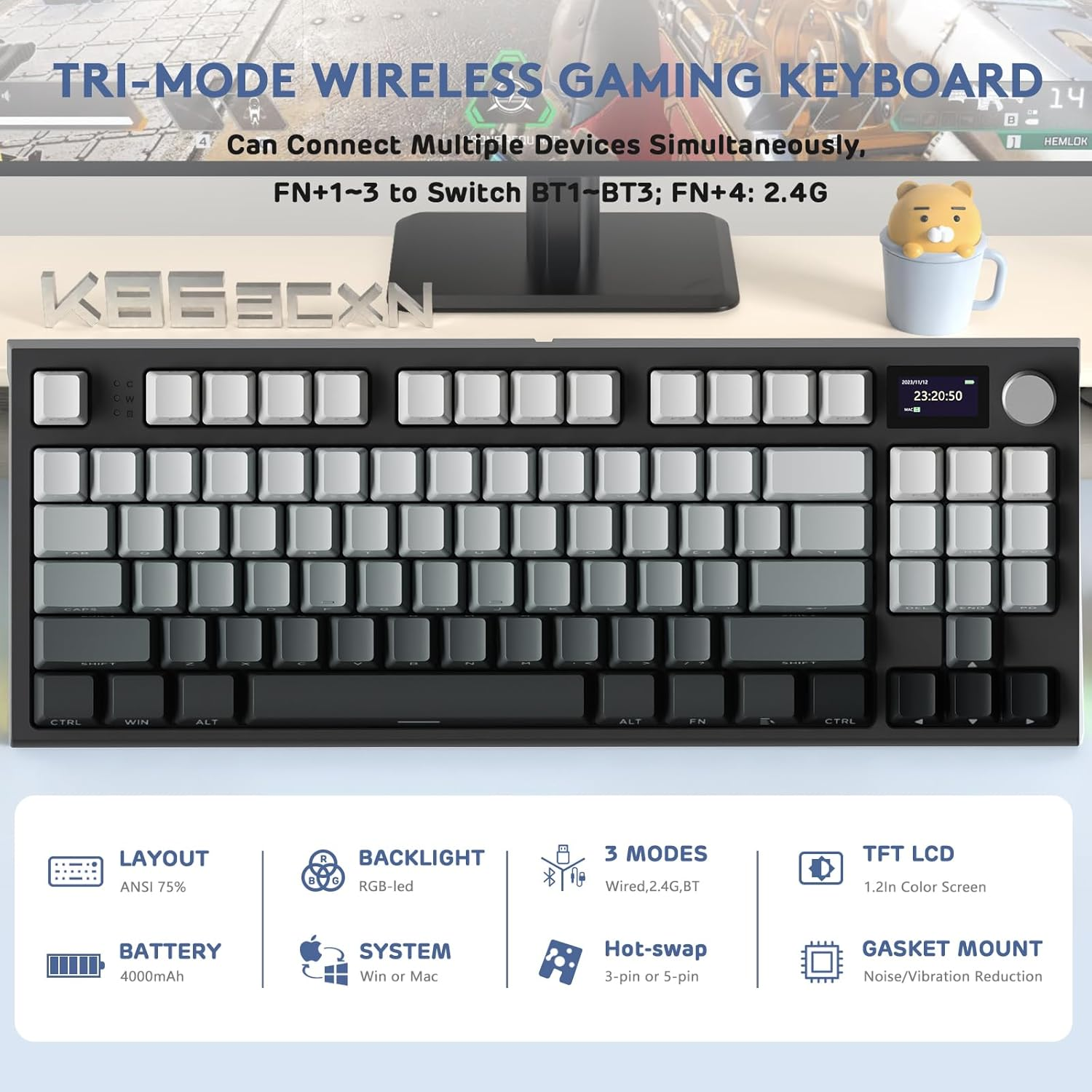 RK86 RGB 75% Wireless Gasket Mechanical Keyboard,Triple Mode Bluetooth5.0/2.4G/Usb-C 82 Keys Hot Swappable Gaming Keyboard 4000 Mah Battery W/Knob & 1.2'' HD OLED Display,Custom Linear Switches - Lavender Pro image number 2