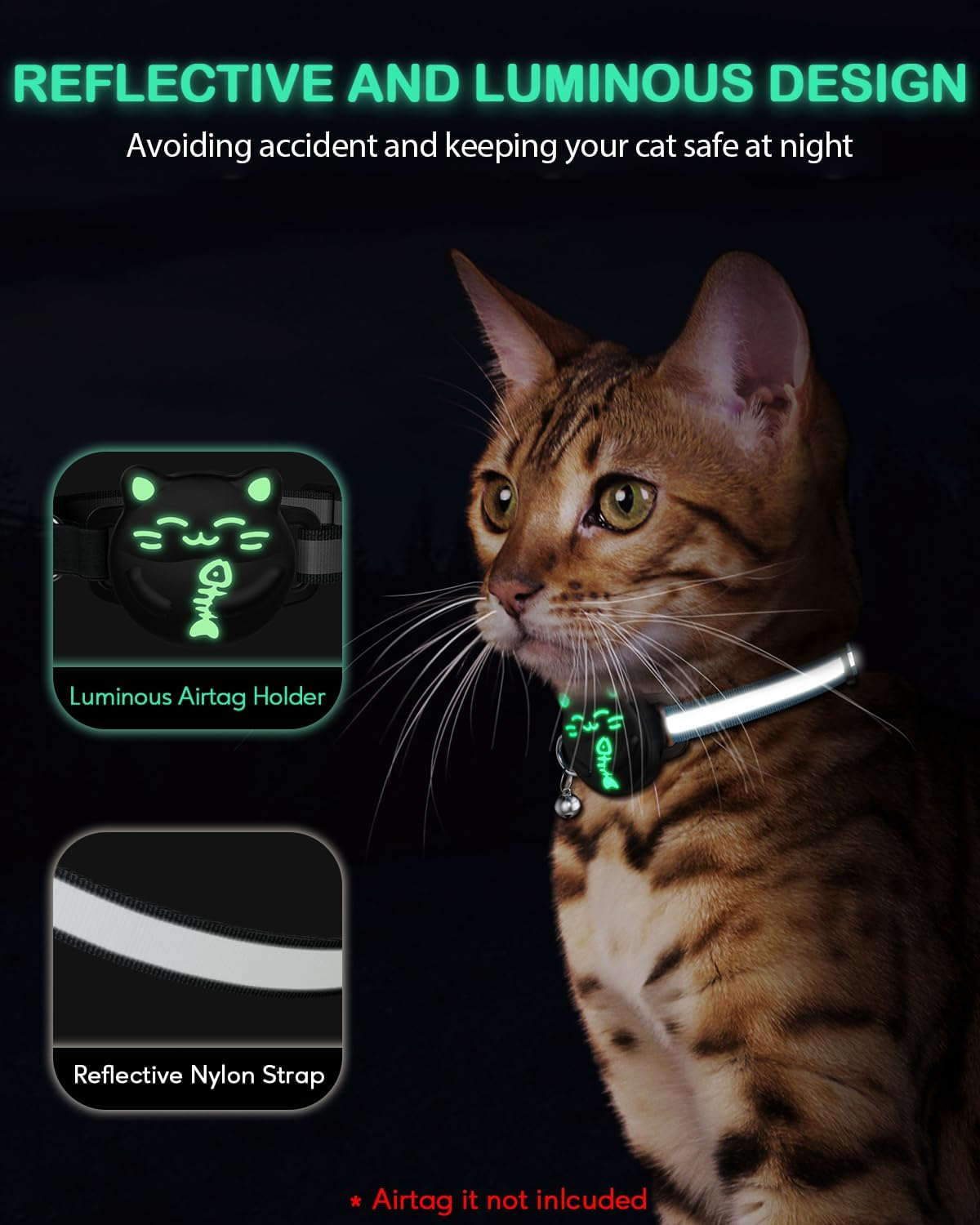 WROSWT Waterproof Airtag Cat Collar, Breakaway Cat Collars with Luminous & Reflective Strap for Apple Air Tag, Kitten Safety Elastic Band, Lightweight Hidden GPS Tracker Holder(Black, 8"-11") image number 6