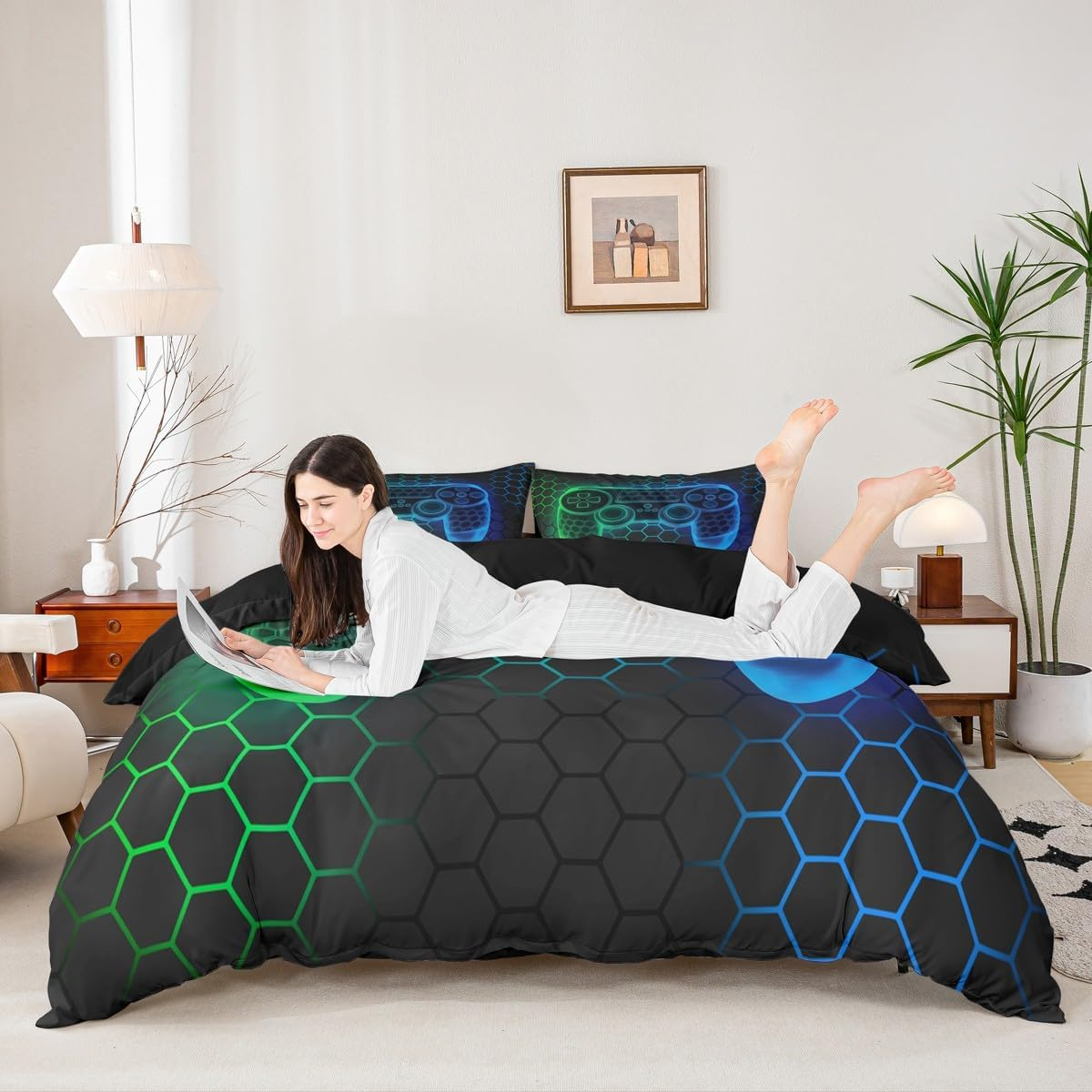 Loussiesd Kids Gamer Honeycomb Duvet Cover Set Single Size for Boys Girls Teens Gaming Geometric Bedding Set Blue Green Neon Gamepad Comforter Cover with 1 Pillowcase Game Room Decor Beds Set image number 3