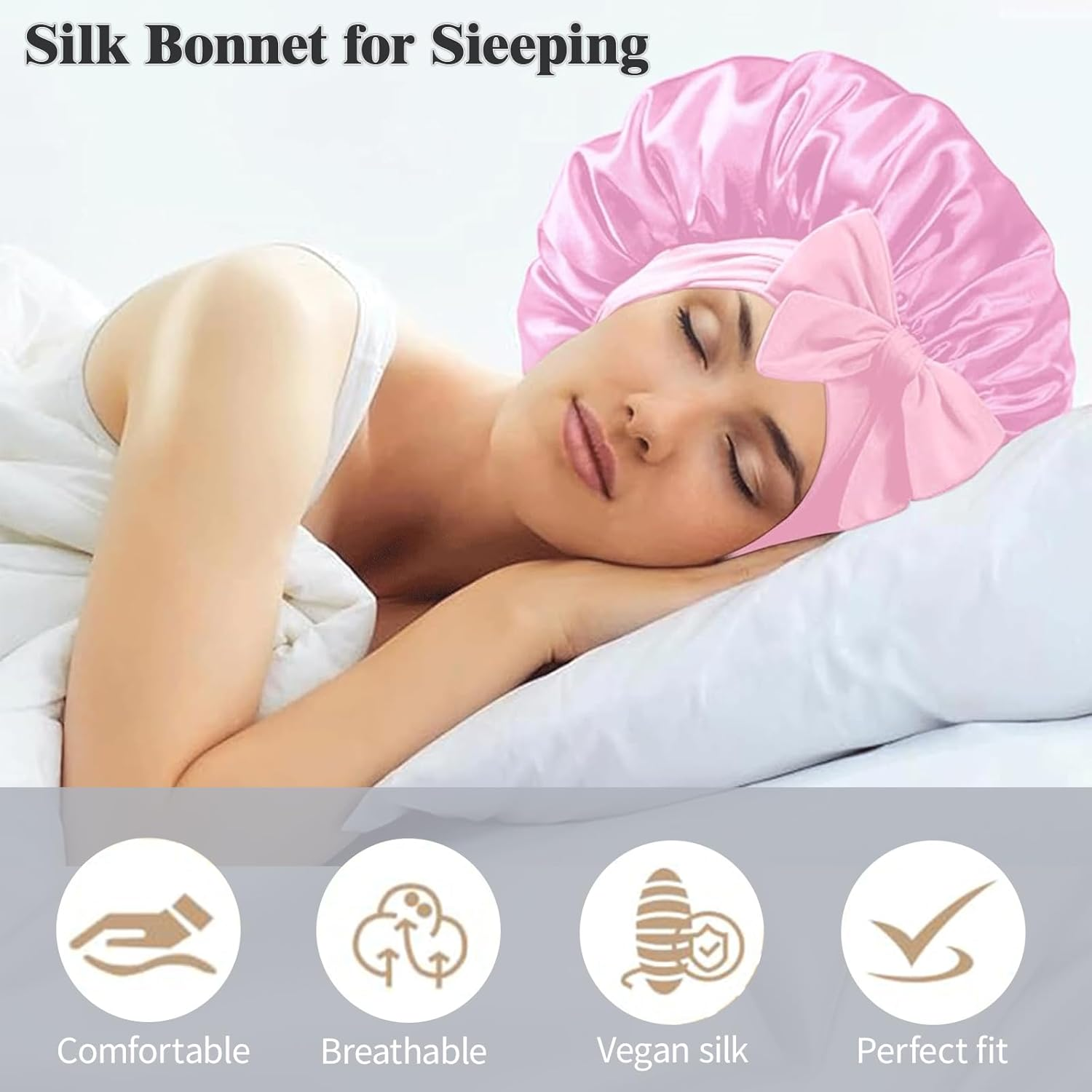 Waytiffer 2PCS Satin Silk Bonnet for Sleeping Jumbo Satin Bonnet, Silk Hair Bonnets Night Sleep Cap for Large Satins Shower Cap for Women （Black&Pink） image number 2