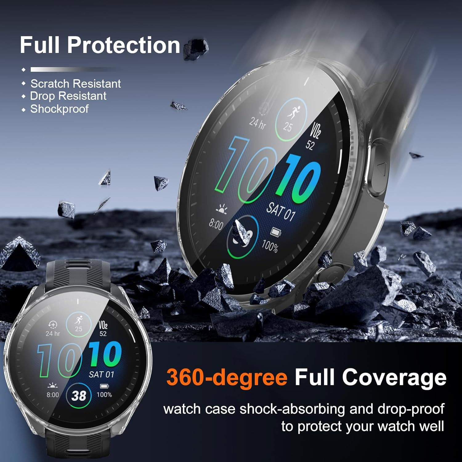 Vanrain Case for Garmin Forerunner 965, Pack of 2, 360&deg; All-Round PC Case with Protective Glass Bumper Full Cover Protective Case Black + Transparent image number 5