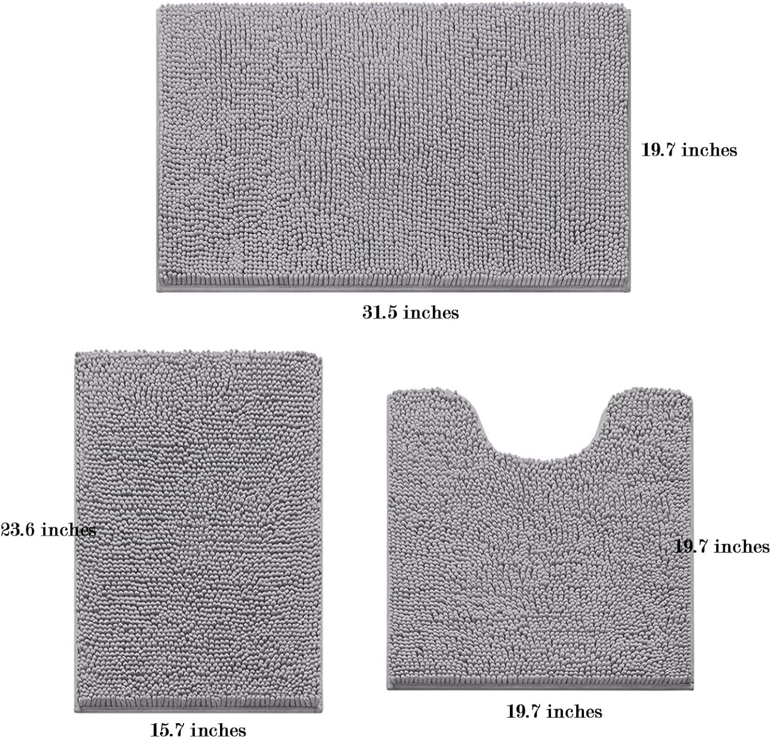 Bathroom Mat,Bathroom Rugs Sets 3 Piece,Soft Absorbent Chenille Bath Mat with 24 Piece Bathtub Non Slip Stickers,U-Shaped Contour Toilet Rug,Bath Mats for Bathroom,Tub,Grey image number 2