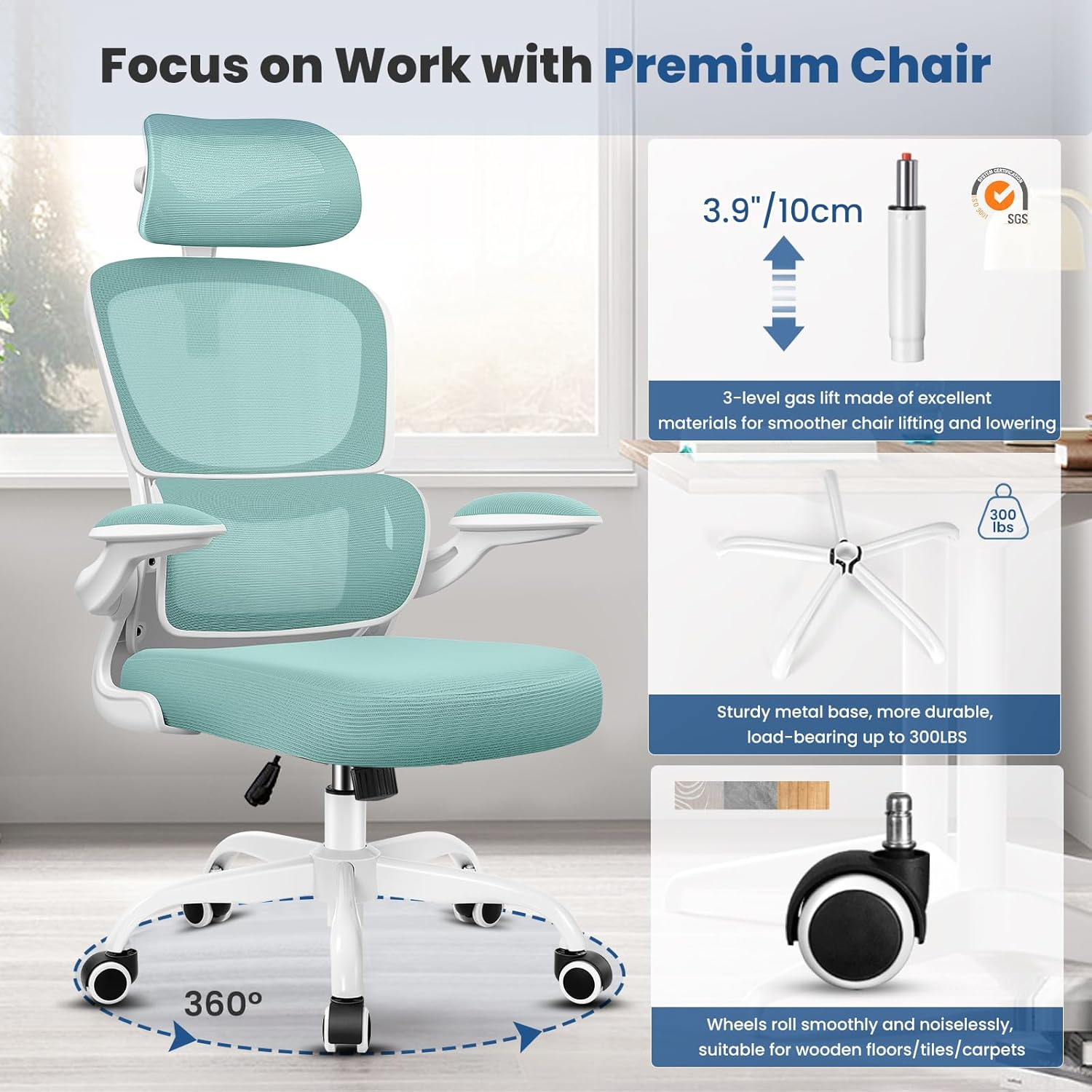 Razzor Ergonomic Office Chair, High Back Mesh Desk Chair with Lumbar Support and Adjustable Headrest, Computer Gaming Chair, Executive Swivel Chair for Home Office, Rz2202H-Mint Green image number 5