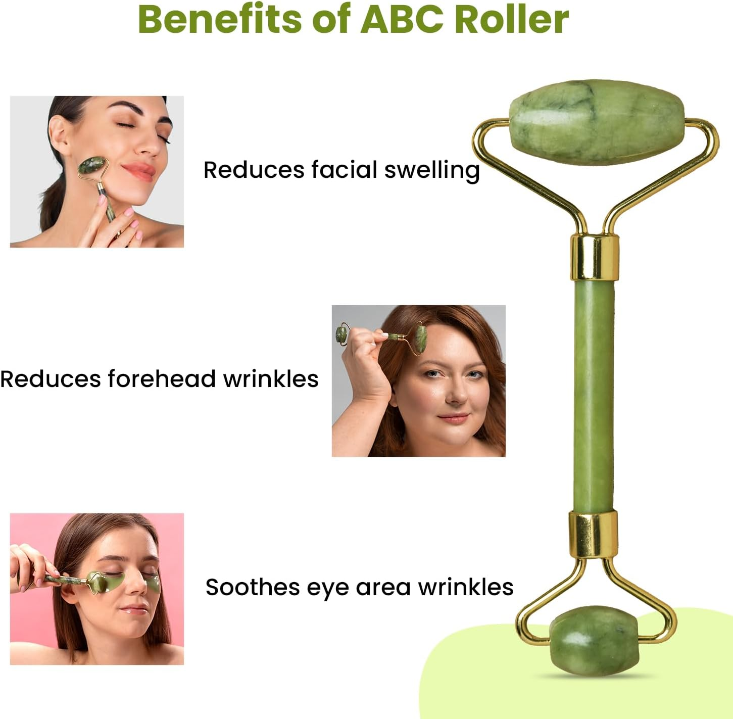 Aayuleubeda Badi Care ABC Face Roller & Massager Anti-Aging Facial Roller Natural Green Jade Beauty Massager Tool Skin Tool for Face Neck Eye to Reduce Wrinkles and Relax Body Muscles (Stone Roller) image number 3