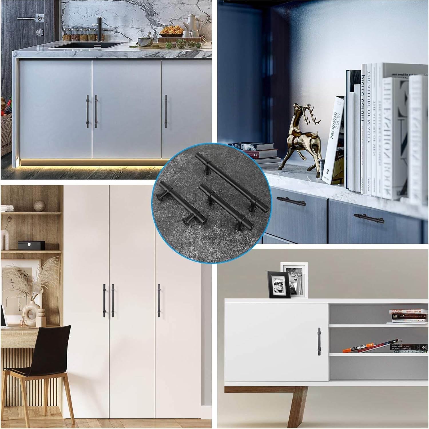 LONTAN 10 Black Cupboard 160Mm T-Shaped Black Drawer Handles Dresser Cabinet Pulls Vintage Wardrobe Bedroom Cupboard Door Pulls