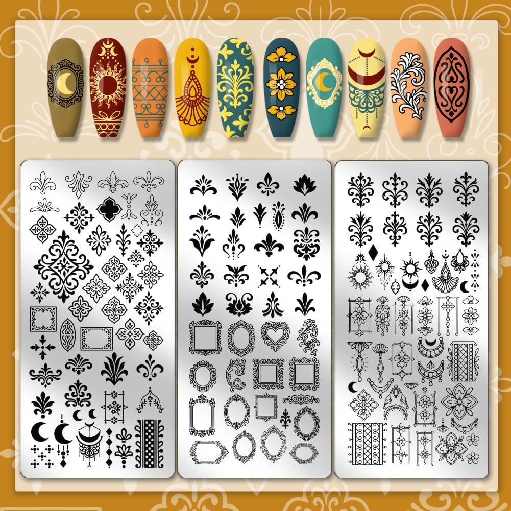 PH Pandahall 3 Pieces Vintage Decoration Pattern Nail Stamping Plate Vintage Picture Frame Flower Print Art Template Stainless Steel Nail Picture Plate Set for Women DIY Print Decoration 12 X 6 Cm image number 4