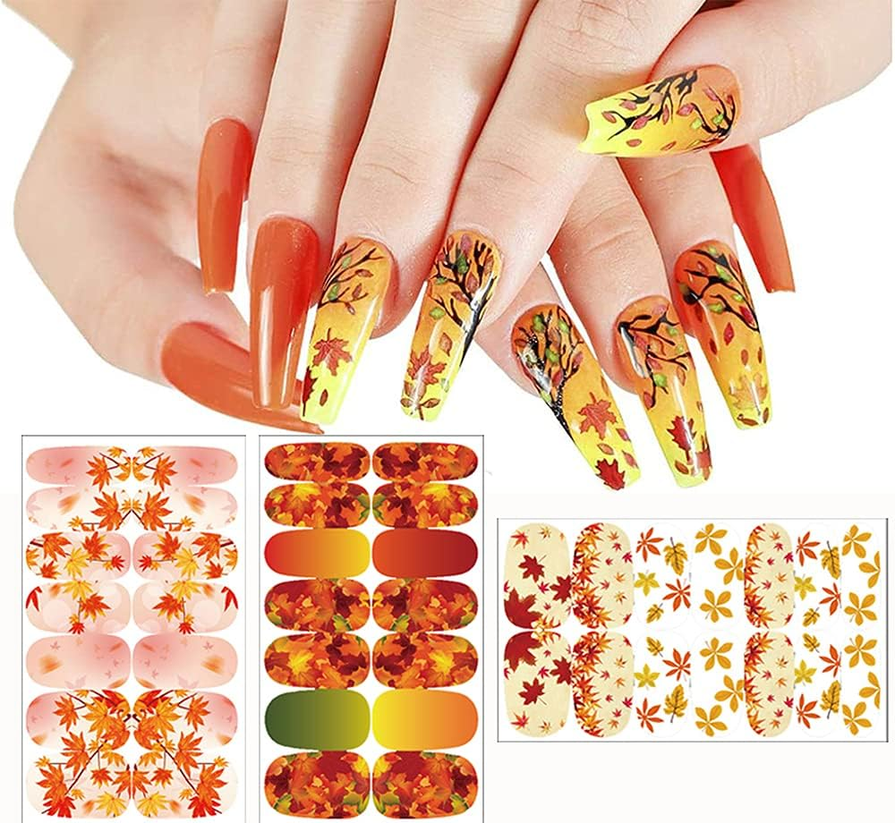 168 Pieces Nail Stickers Self-Adhesive Autumn Nail Stickers Maple Leaves Nail Foil Gold Leaves Nail Foil Autumn Thanksgiving Nail Art Stickers Design image number 5