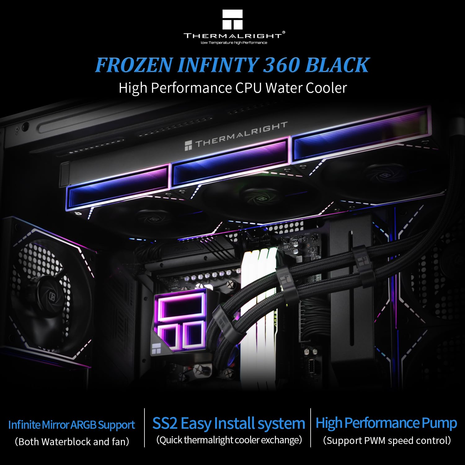 Thermalright Frozen Infinity 360 Black CPU Aio Cooler,Tl-M12*3 PWM Fans,Computer CPU Water Cooler,Argb Infinity Mirror, for Lga1851/1700/1150/1151/1200/2011,Case 360 Radiator image number 1