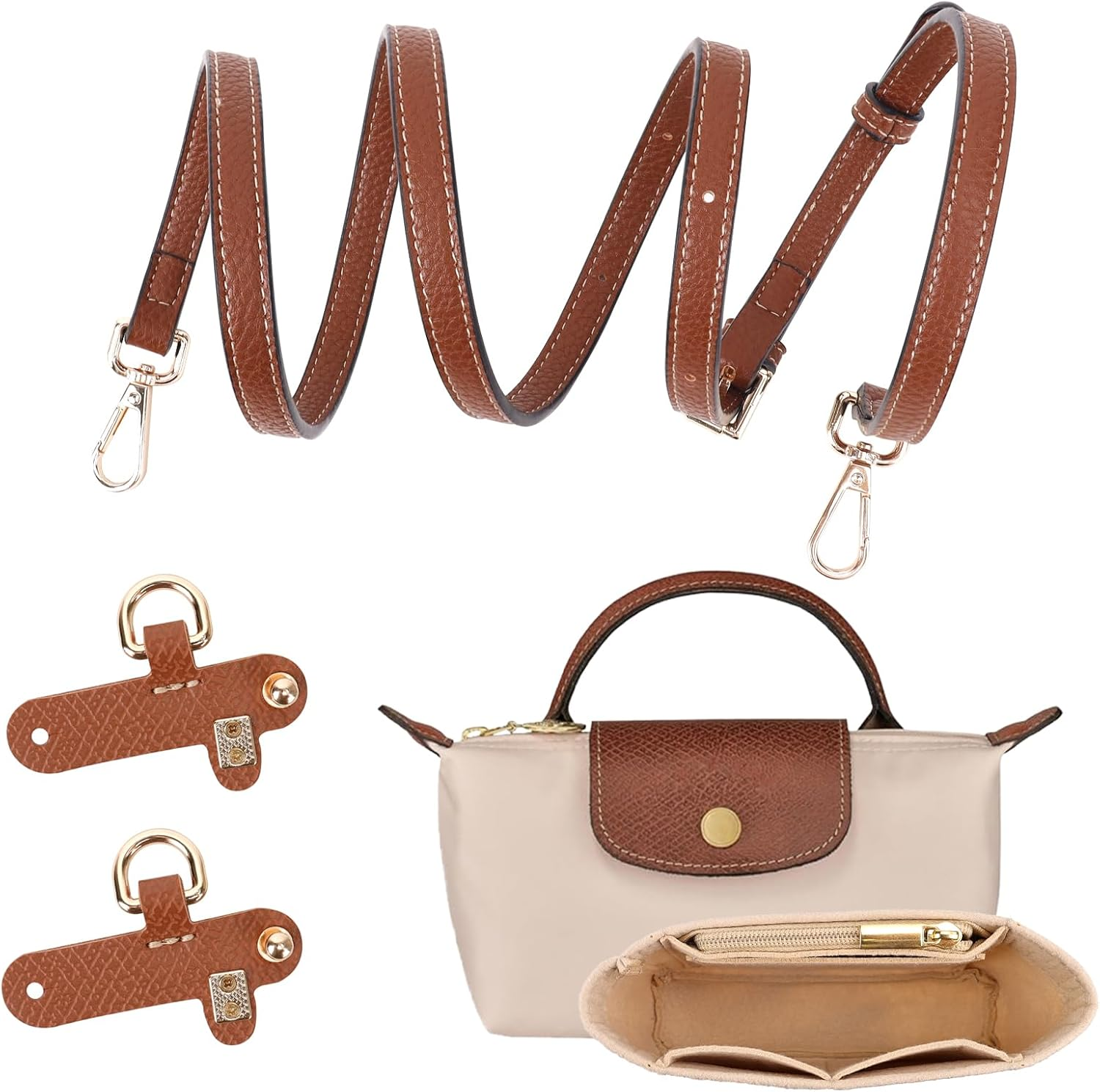 2Sets Mini Bag Strap Kit and Organizer Compatible with Longchamp, Folding Tote Bag Organizer Insert, Punch-Free Adjustable Buckle Strap Design, Multi-Pocket Felt Handbag Organizer, (1.2Cm) image number 2