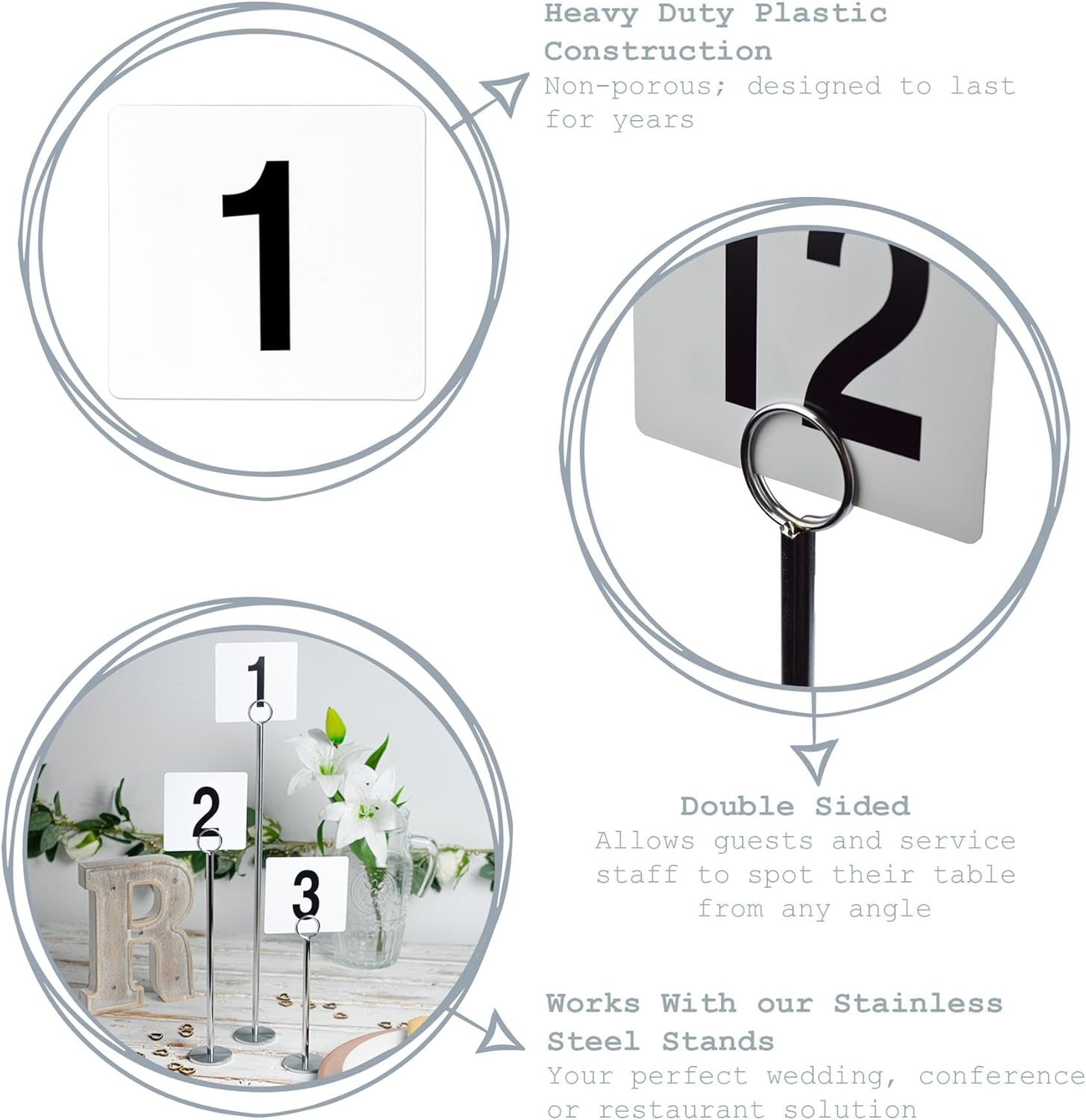 Argon Tableware 1-50 Table Number Cards - Plastic Double Sided Cards Name Table Display Signs for Weddings, Parties, Celebrations