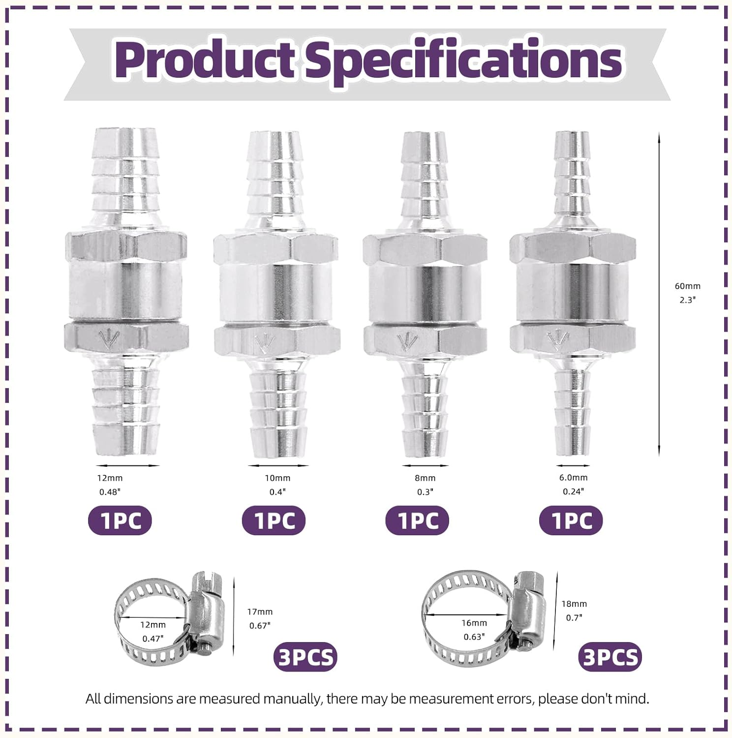 Swpeet 10Pcs 4 Sizes Fuel Non Return One Way Check Valve, 6Mm 8Mm 10Mm 12Mm Aluminum Alloy Fuel Oil Check Valve for One Way Petrol Diesel Gas with 6Pcs Universal Adjustable Hose Clamps image number 5