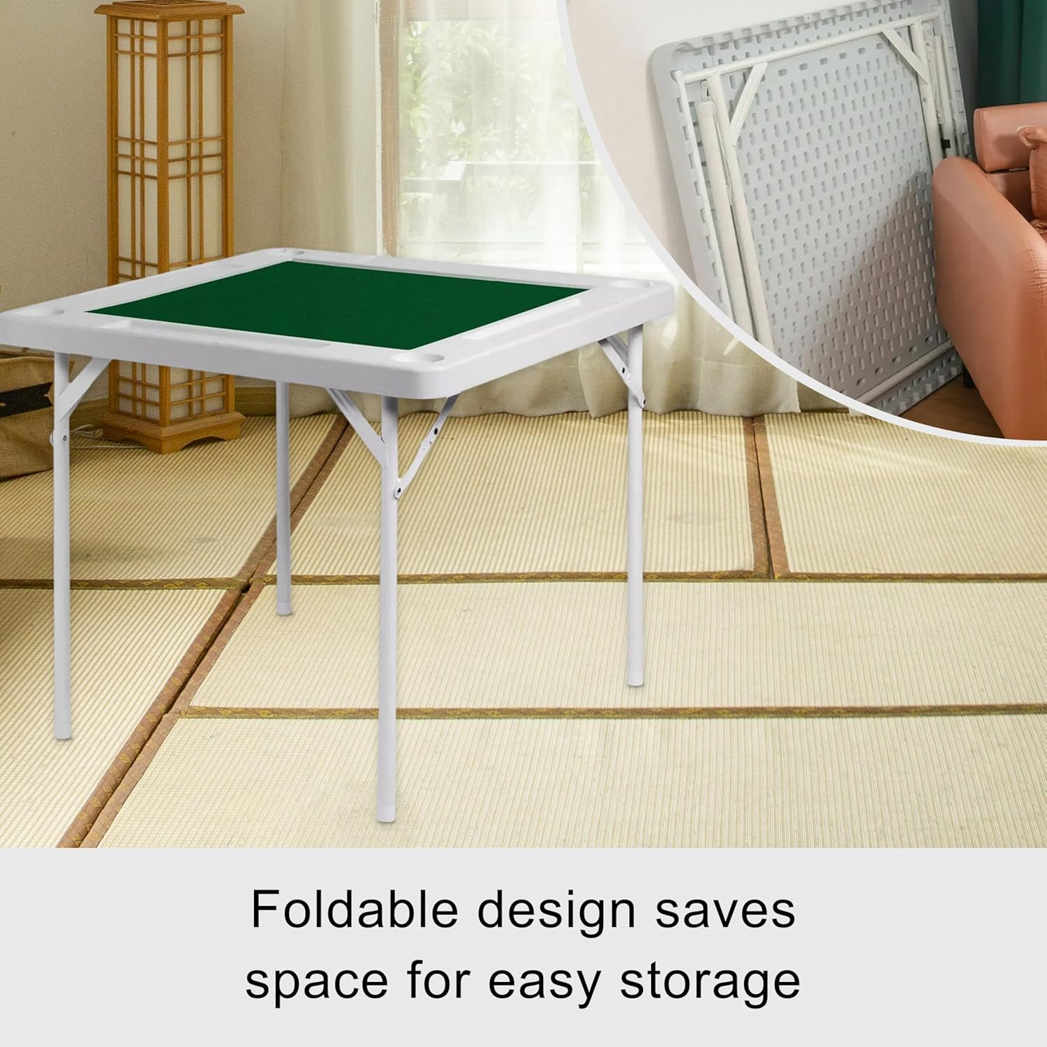 ONEIN Foldable Mahjong Table with Green Surface, Multipurpose Game Table for Mahjong, Poker, and Chess, Portable Table with Iron Frame, Cup Holders & Chip Trays, Space-Saving Design, 90Cm X 90Cm image number 4
