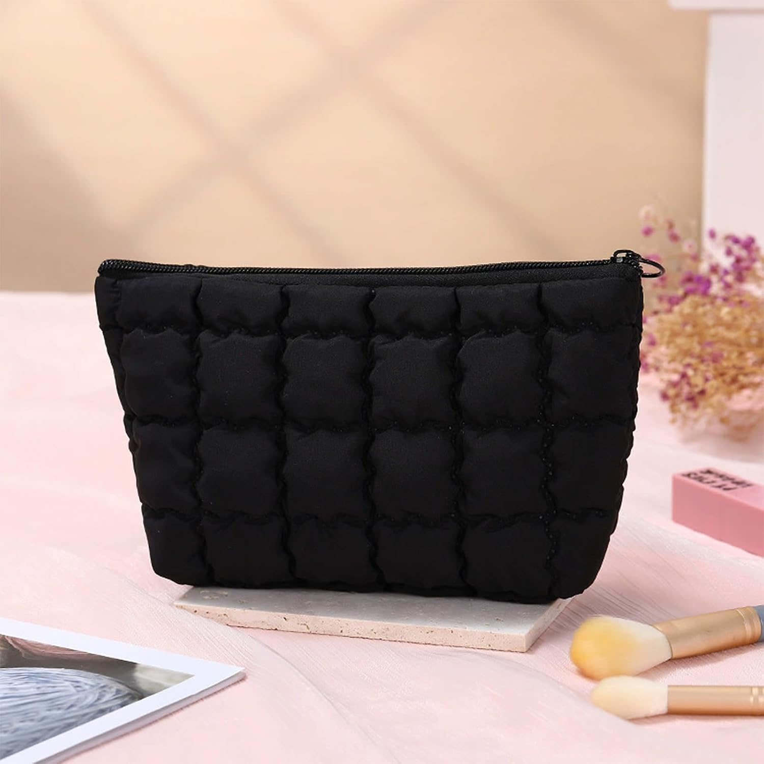 Puffy Makeup Bag Quilted Makeup Bag Cute Checkered Cosmetic Bag for Women Travel Toiletry Bag Puffer Makeup Pouch Puffy Purse Pouch Preppy Makeup Organizer Pencil Case with Zipper(Black) image number 3