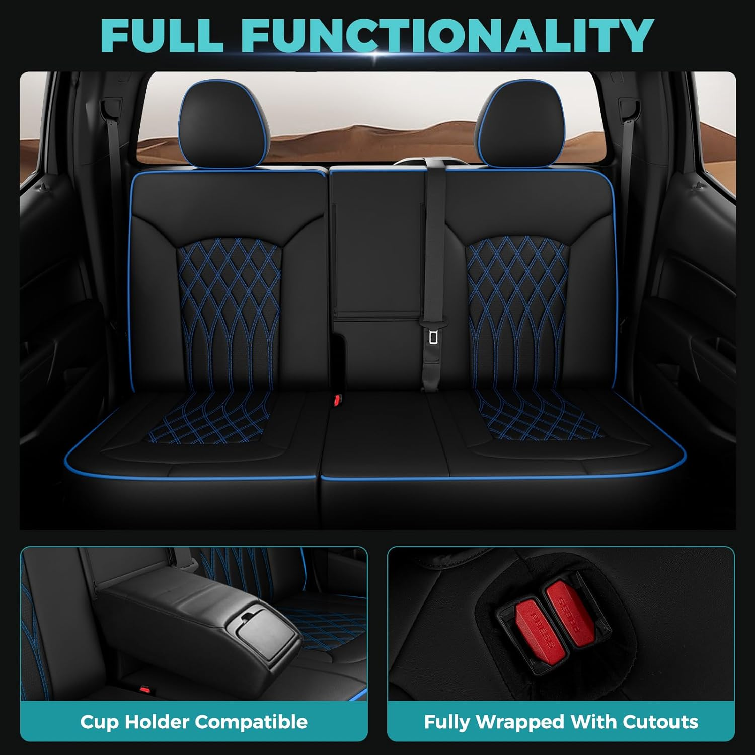 FEINEPRO Custom for Chevy Colorado 2015-2022 Crew Cab Extended Cab Z71 LT ZR2 - Faux Leather Pickup Seat Covers for Colorado Accessories (Black Blue, Full Seat/2015-2022 Crew Cab) image number 5