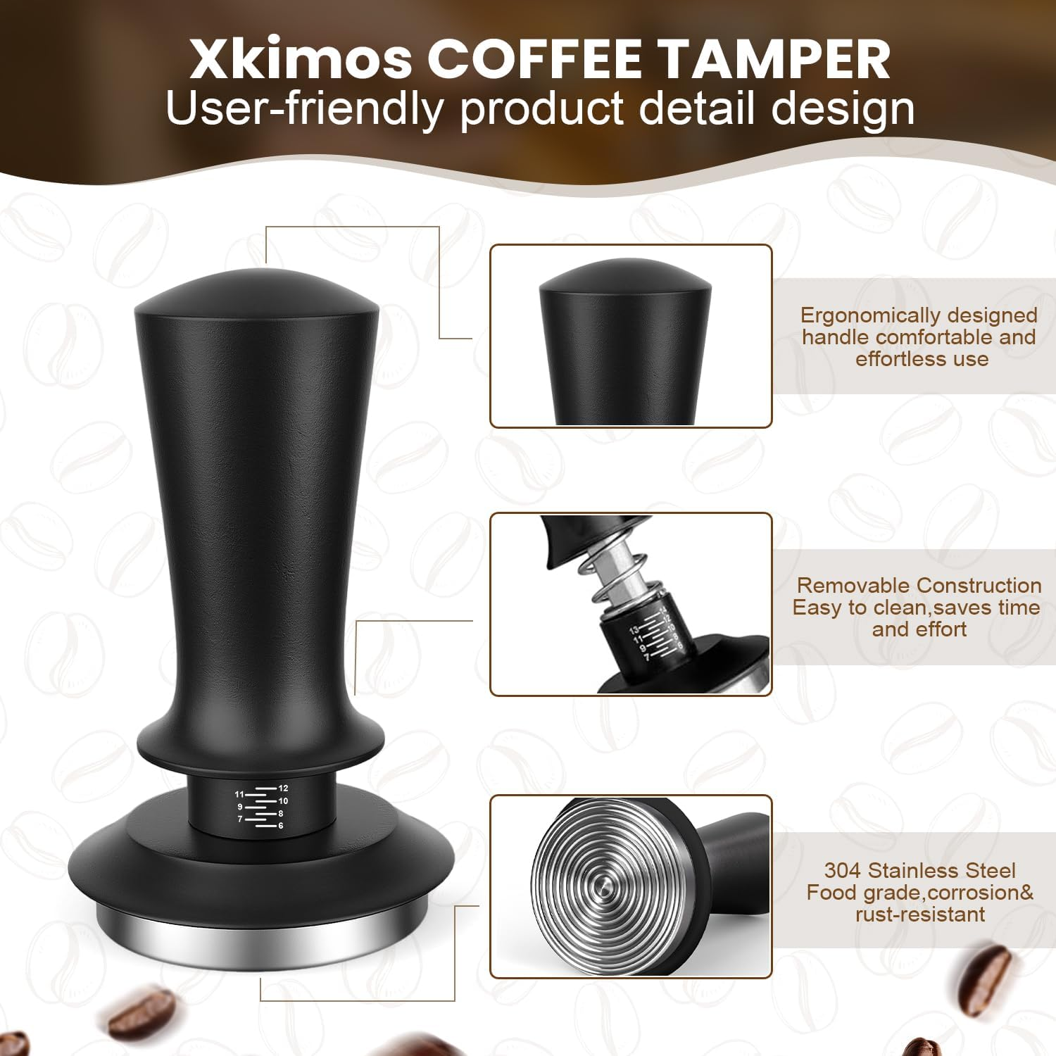 Xkimos 53Mm Coffee Tamper with 53.3-54Mm Portafilters,Coffee Tamper with 304 Stainless Steel Corrugated Base,Compatible with Popular Sage Models,Spring Loaded Adjustable Pressure Coffee Tamper image number 5
