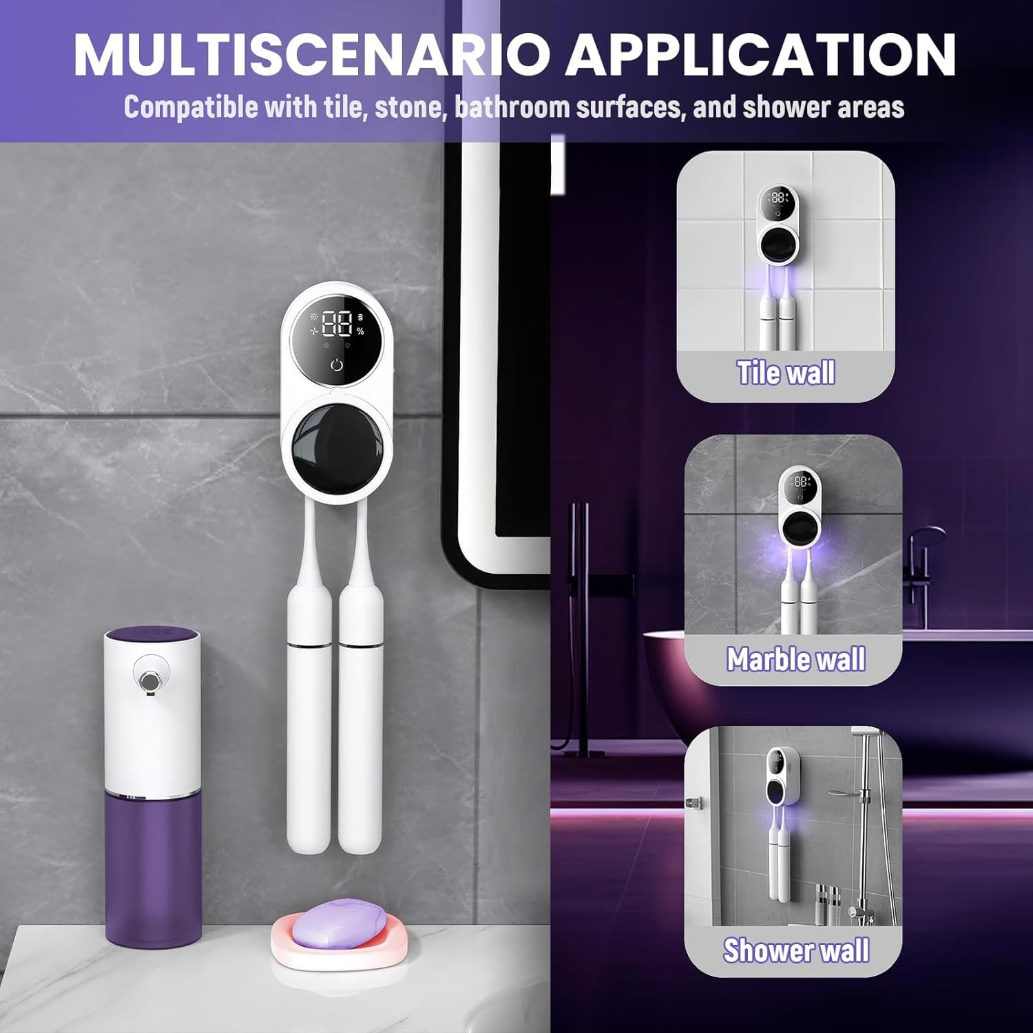 Wall-Mounted Toothbrush Holder with 2 Slots - No Drill Inductance Cleaner Case for Electric/Manual Toothbrushes,Bathroom Toothbrush Organizer with Waterproof & Space-Saving Design (White) image number 1