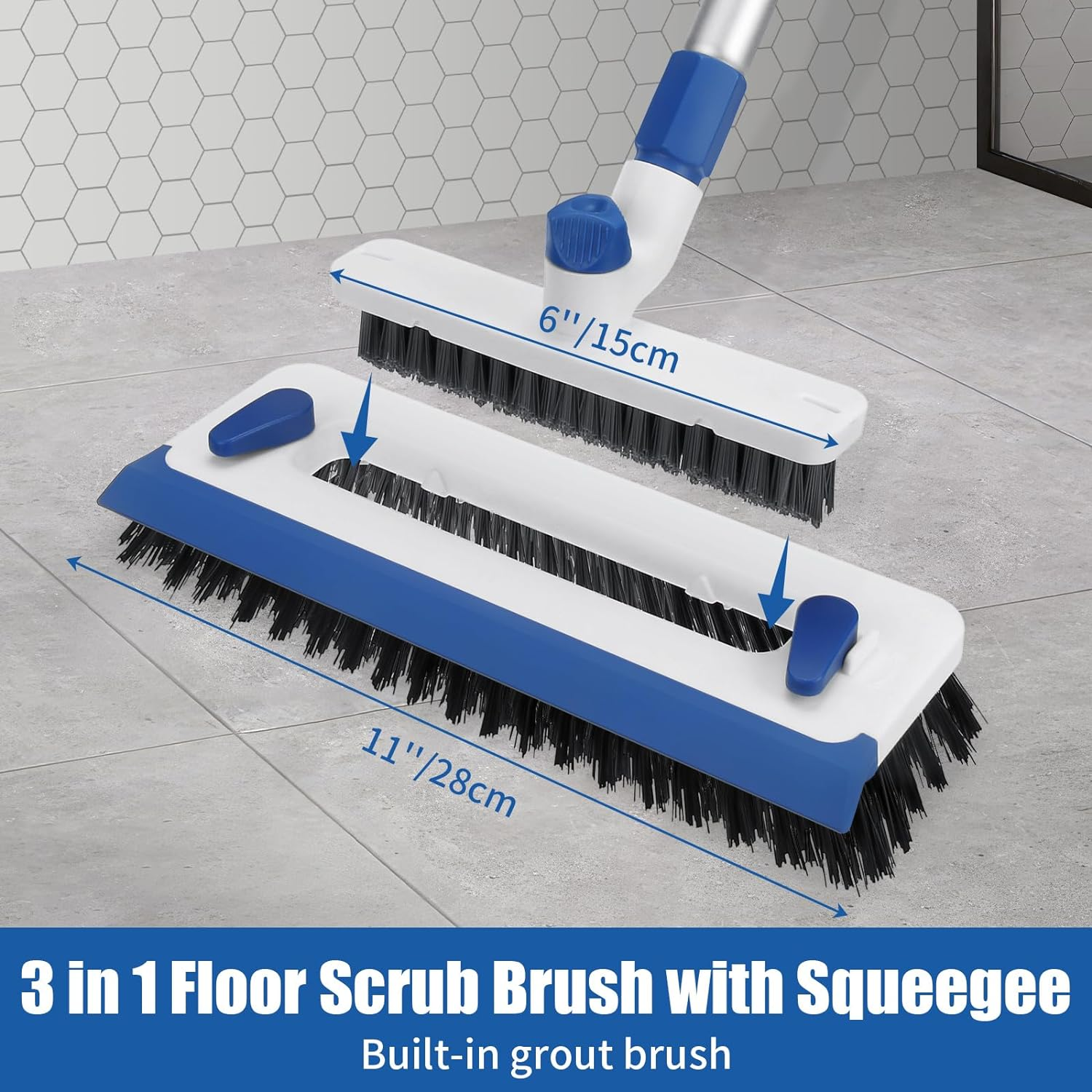 Qaestfy 3 in 1 Floor Scrub Brush with Squeegee, 55'' Extendable Long Handle Floor Scrubber Cleaner for Tile, Garage, Concrete, Rug, Shower Bathroom - Blue image number 4