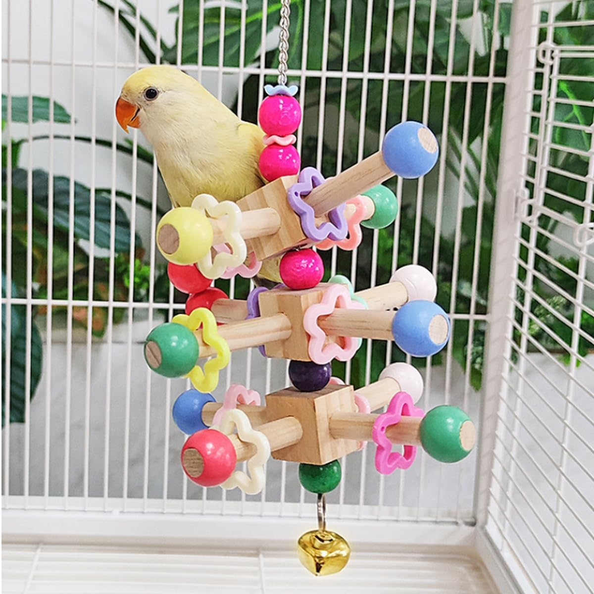 Bird Wooden Stand Perch Toys, Interactive Rotatable Parrot Chewing Toys with Bead Colorful Bell for Birds Parakeet Climb and Play image number 1