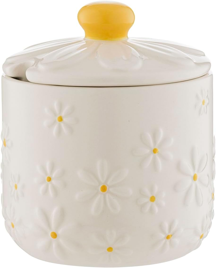 Price & Kensington Daisy Sugar Bowl | Ceramic Sugar Bowl with Embossed Daisy 3D Lid | Hand-Painted Yellow Handle | Cream Glaze | Kitchen Storage Bowl