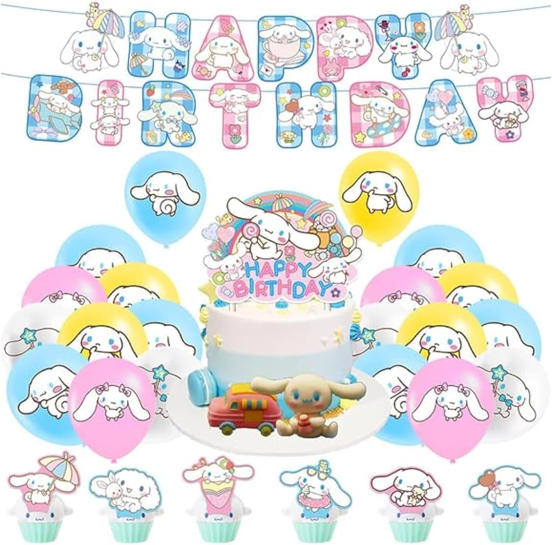 Dinoeye Cinnamoroll Birthday Decorations - 16Pcs Balloons, 13Pcs Cake Toppers, 1Pcs Banner - Sanrio Party Supplies - White, Cartoon, Buchstabenmuster image number 5