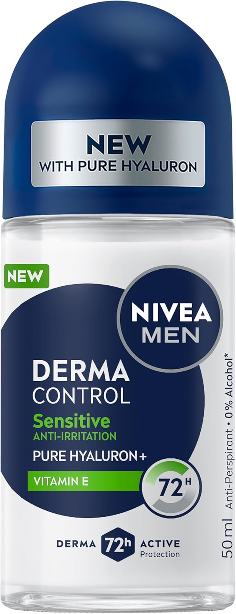 NIVEA MEN Derma Control Sensitive Roll-On Deodorant 50Ml | with Pure Hyaluron & Vitamin E | 72-Hour Anti-Perspirant for Men | Skin Soothing Formula