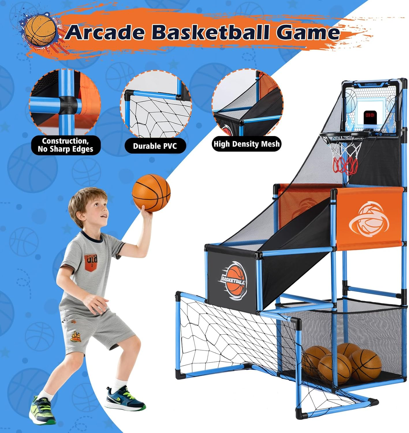 2 in 1 Basketball Arcade Game & Soccer Goal for Kids, Adjustable Kid Basketball Hoop with 6 Balls and Pump, Indoor Outdoor Games for Kid Toys for 3-12 Year Old Kids Birthday Gifts for Boys Girls image number 4