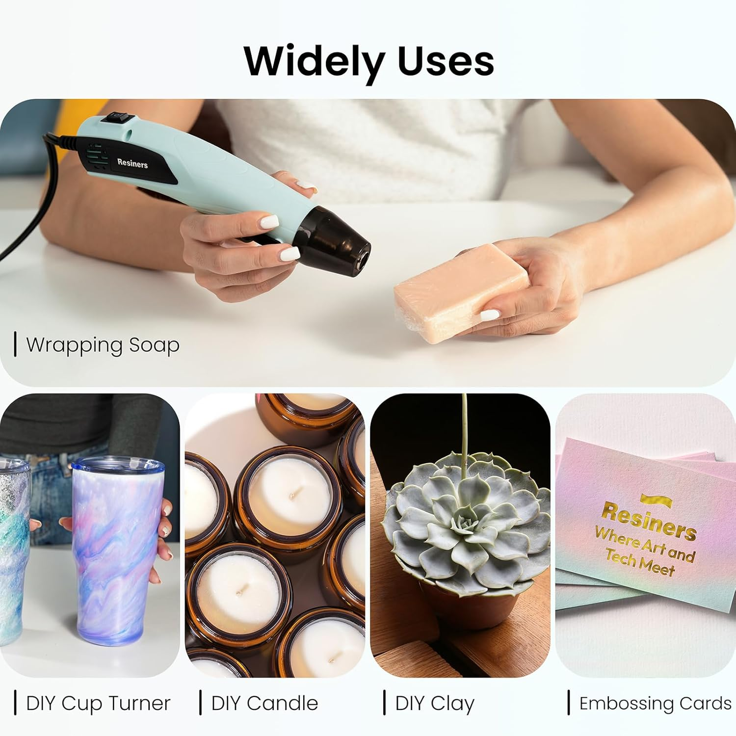 Resiners Heat Gun, Mini Dual Temp Hot Air Gun Crafts Tool with 3 Nozzles, 350W 662℉ (350℃) Heat for Epoxy Resin, Bubble Remove, DIY Glitter Tumblers, Vinyl Shrinking Wrap, Embossing, Candle Making image number 6