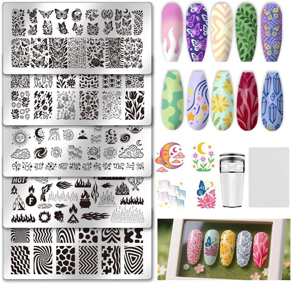 UNICRAFTALE 5Pcs Butterfly Flower Reusable Nails Stamp Flames Nails Stamping Kit Abstract Textures French Tip Nail Stamp Star Stainless Steel Nail Stamping Plates for DIY Women Gift 12X6Cm image number 6