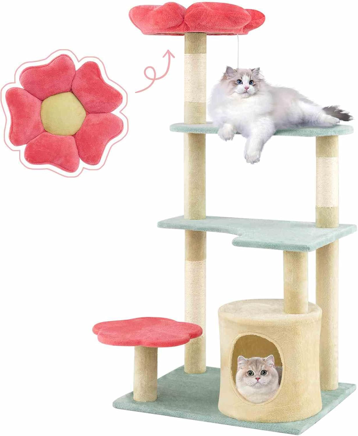 Costway 123 Cm Tall Cat Tree, Multi-Level Aesthetic Floral Kitten Tower W/Flower-Shaped Plush Padded Perch, Condo, Sisal Scratching Posts, Dangling Ball, Indoor Cat Climbing Furniture (123 Cm) image number 1