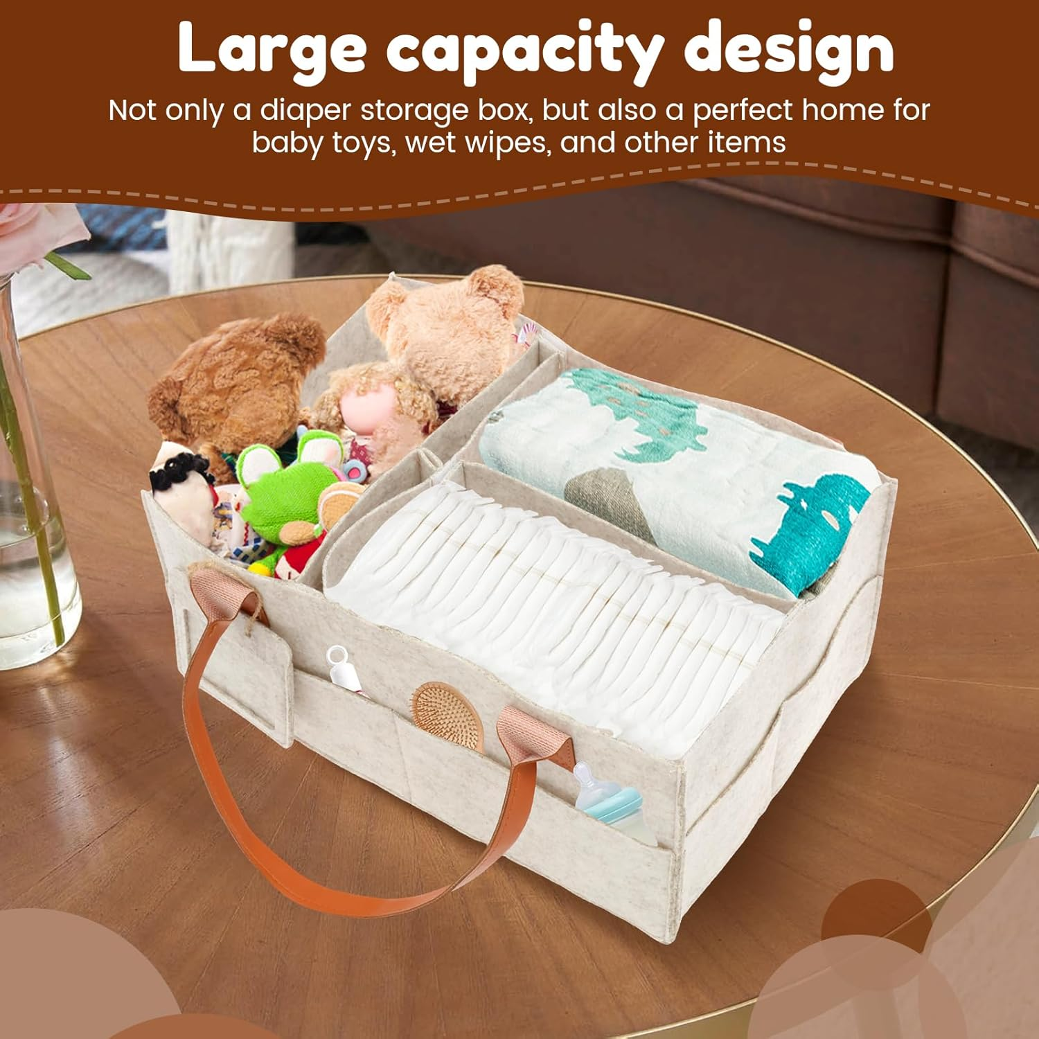 Baby Diaper Caddy Organizer, Nursery Storage Basket for Newborn Essentials Portable Thickened Felt Baby Diaper Caddy with PU Leather Handle Multiple Compartment for Home Outdoor New Parent image number 3