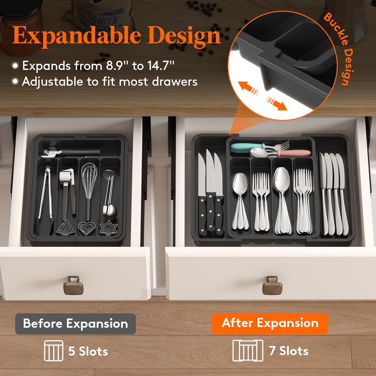 Lifewit Cutlery Drawer Organiser, Expandable BPA Free Cutlery Tray for Kitchen, Adjustable Utensil Holder for Home Storage, Plastic Kitchen Storage and Organisation for Spoons Forks Knives, Black