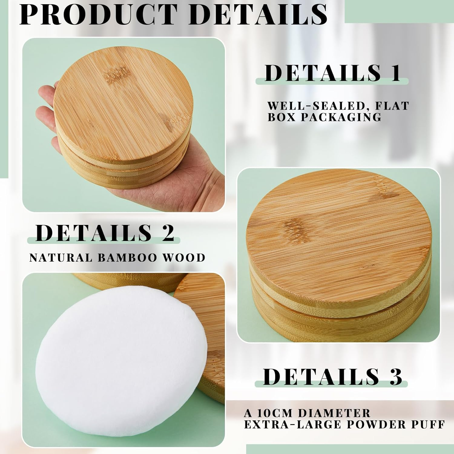 Frienda 300 Ml Bamboo Loose Powder Puff and Container Empty Dusting Powder Jar for Body Face Makeup Travel Box Compact Case Holder with Sifter Lids and Puff image number 3
