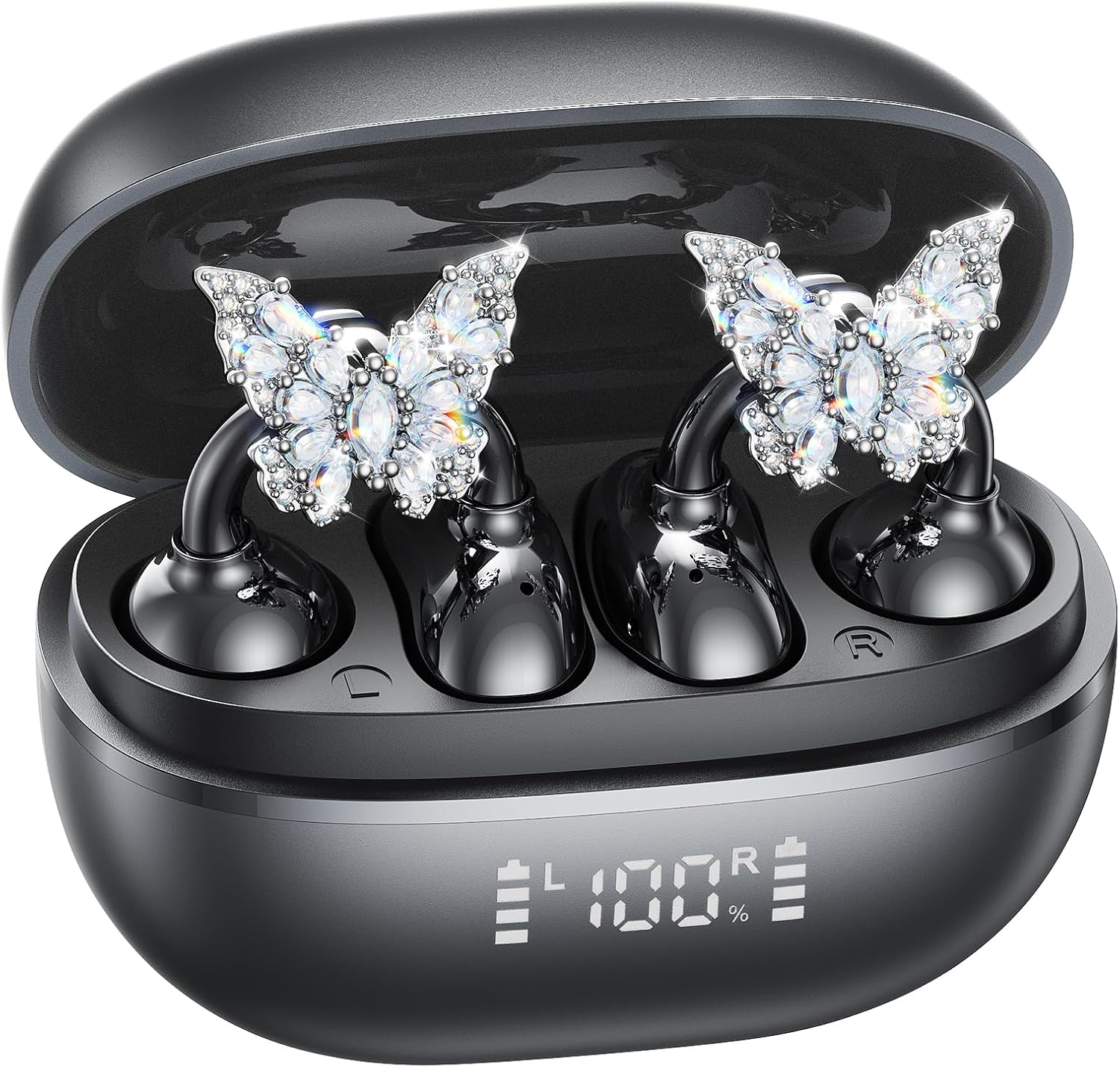 Kinglucky Clipfree A20 Open-Ear Earbuds with Butterfly Earrings, Secure & Comfort Fit, Premium Sound Clip-On Earbuds with Digital Display, 50H Playtime Bluetooth 5.4 Wireless Headphones Black image number 2