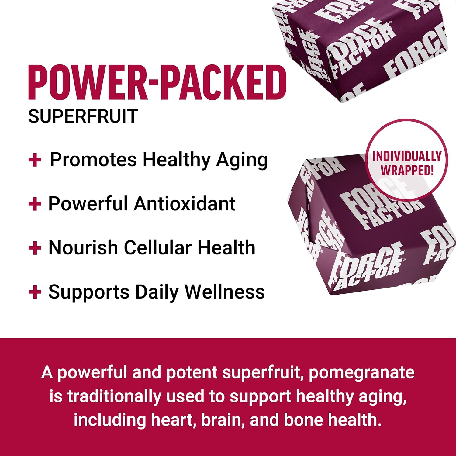 Force Factor Pomegranate Soft Chews for Healthy Aging, Heart Health, Bone Health, & Brain Health, Superfood & Antioxidants Supplement, Non-Gmo, Gluten-Free, Vegan, Pomegranate Flavor, 30 Soft Chews image number 2