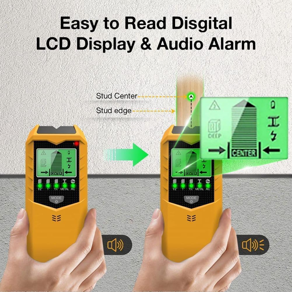Stud Finder Wall Scanner,5 in 1 Multifunction Stud Detector Electronic Detector with Audio Alarm and LCD Display for the Center and Edge of Wood, AC Wire, Metal and Studs Detection (Yellow) image number 1