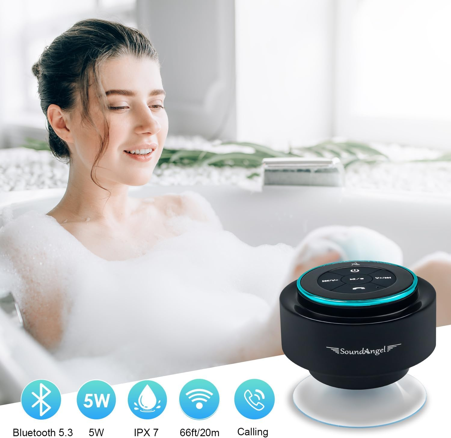 Xleader Soundangel Mate - Premium 5W Shower Speaker IPX7 Certified Waterproof Bluetooth Speaker with Suction Cup, 3D Crystal Sound & Bass, Perfect Mini Wireless Speakers for Iphone Ipad Pool Bathroom image number 5